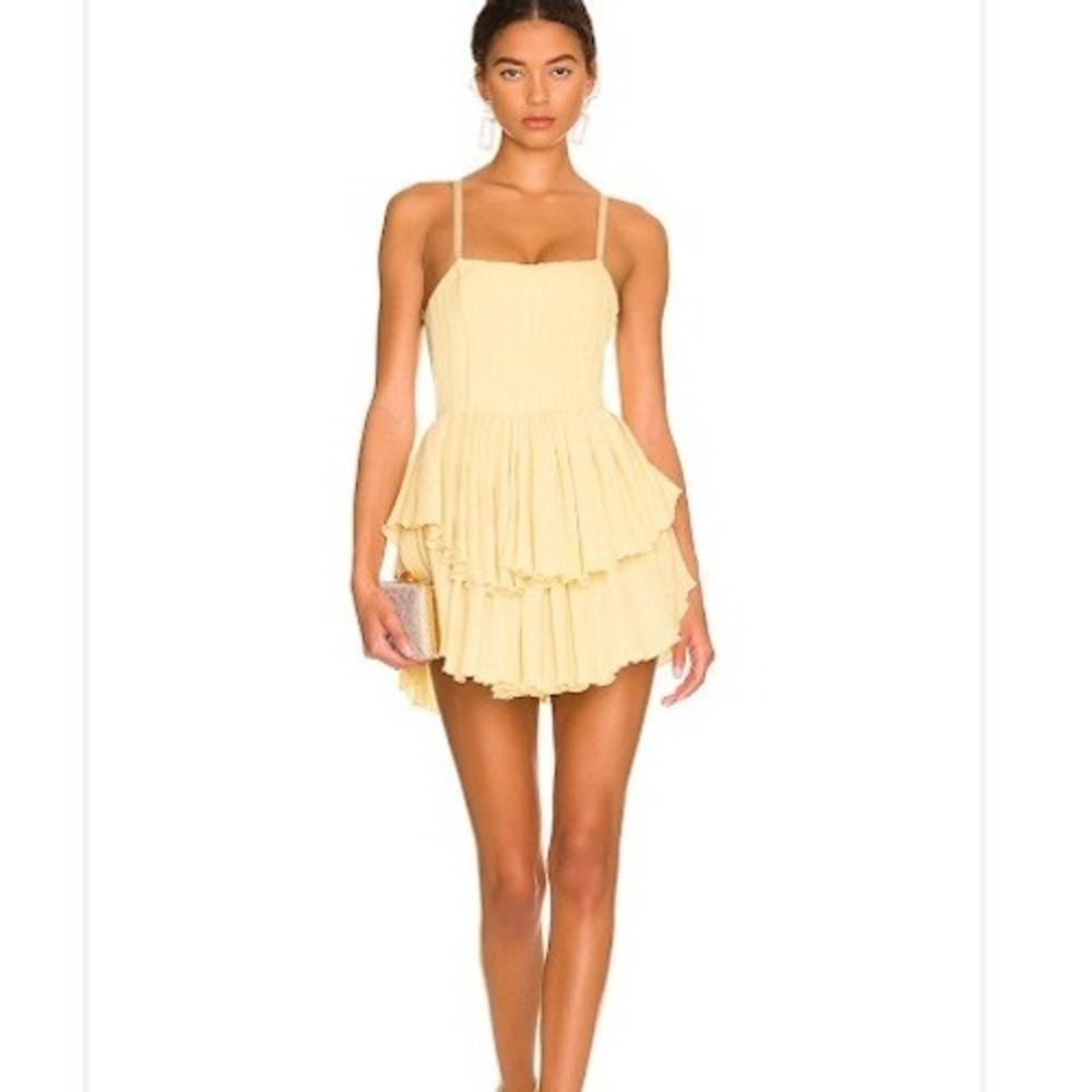 OW Collection Crush Yellow Ruffle‎ Tiered Spaghetti Strap Mini Dress Romantic